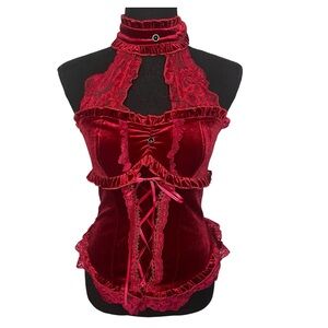 Crimson Corset Velvet Lace Halter Bustier Sz 4 Fairycore Goth Stand Collar Tie